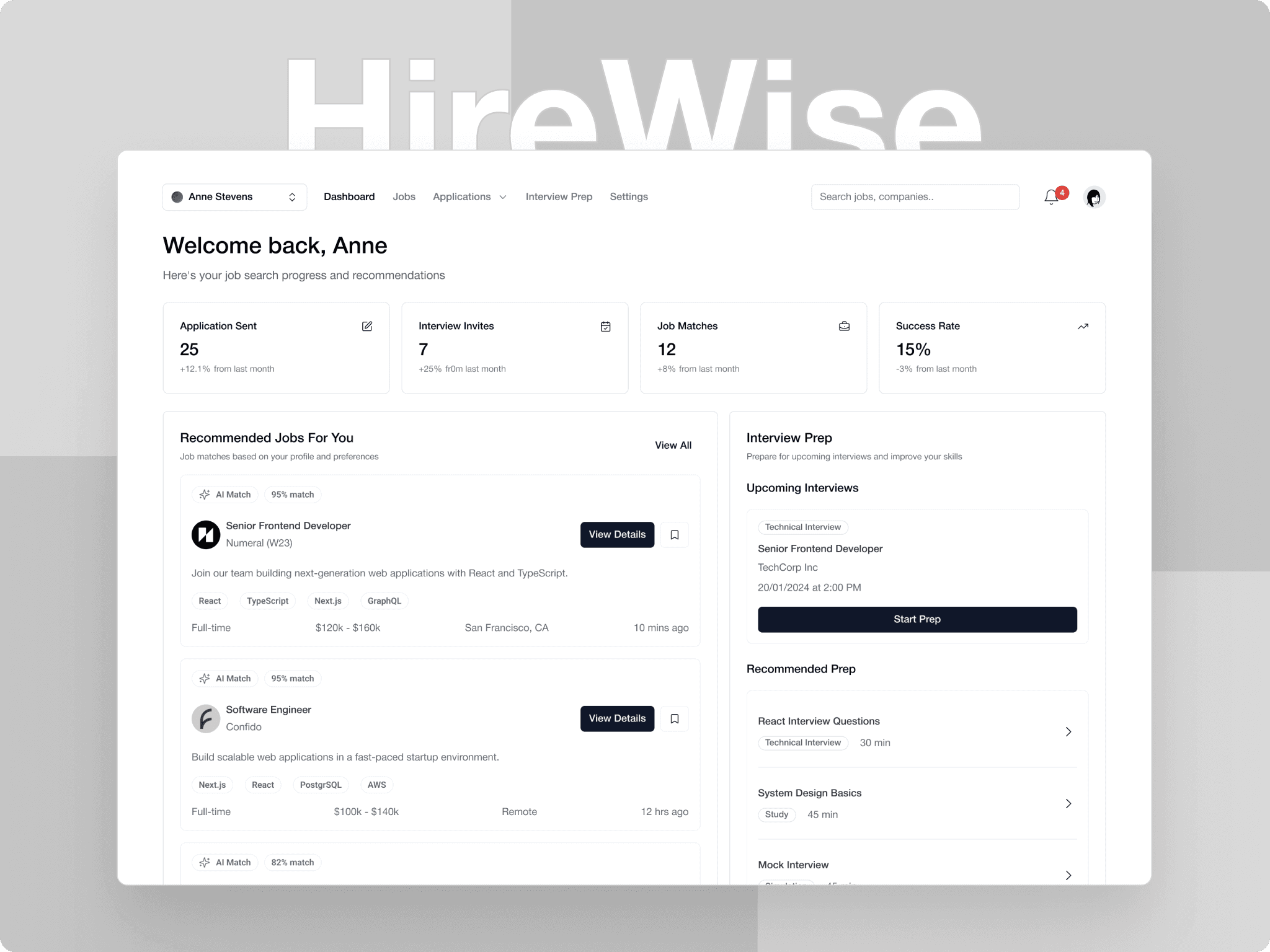 HireWise — AI Job Search Assistant dashboard overview