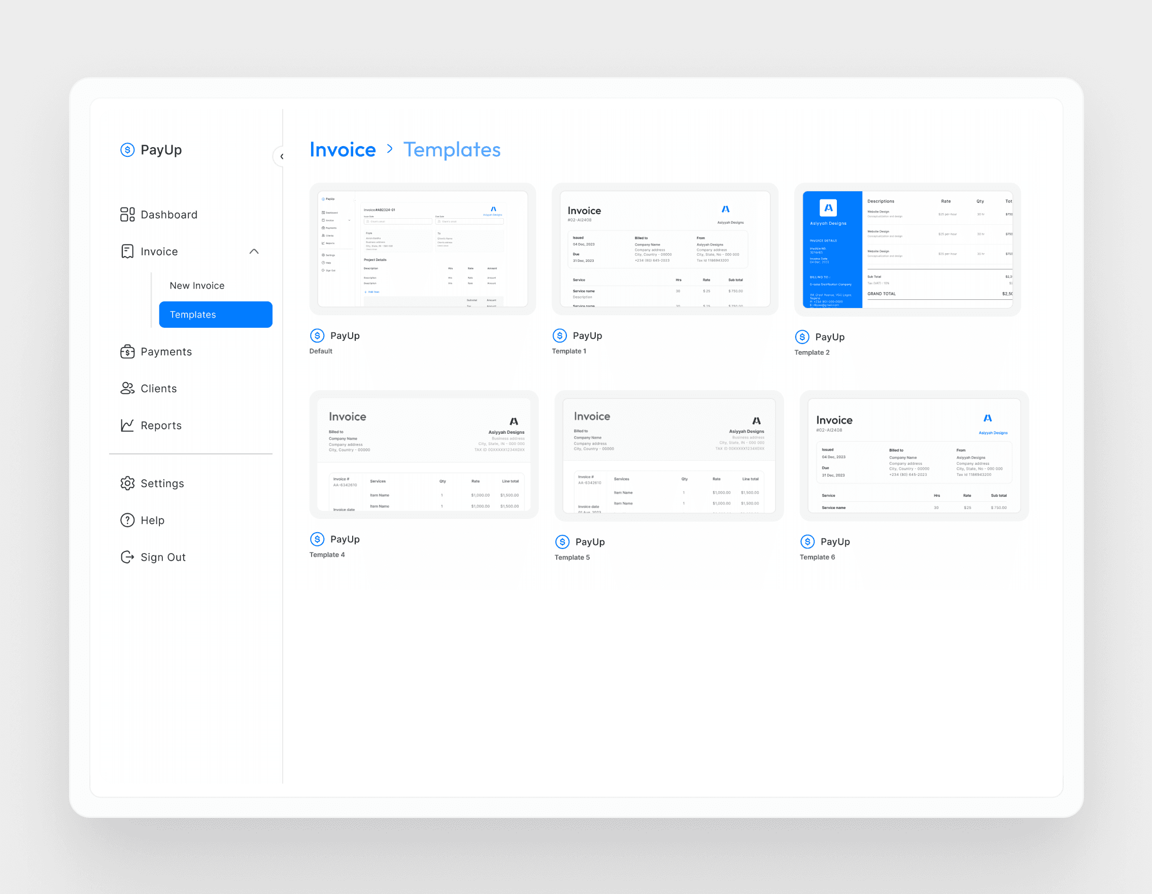 PayUp reusable invoice templates