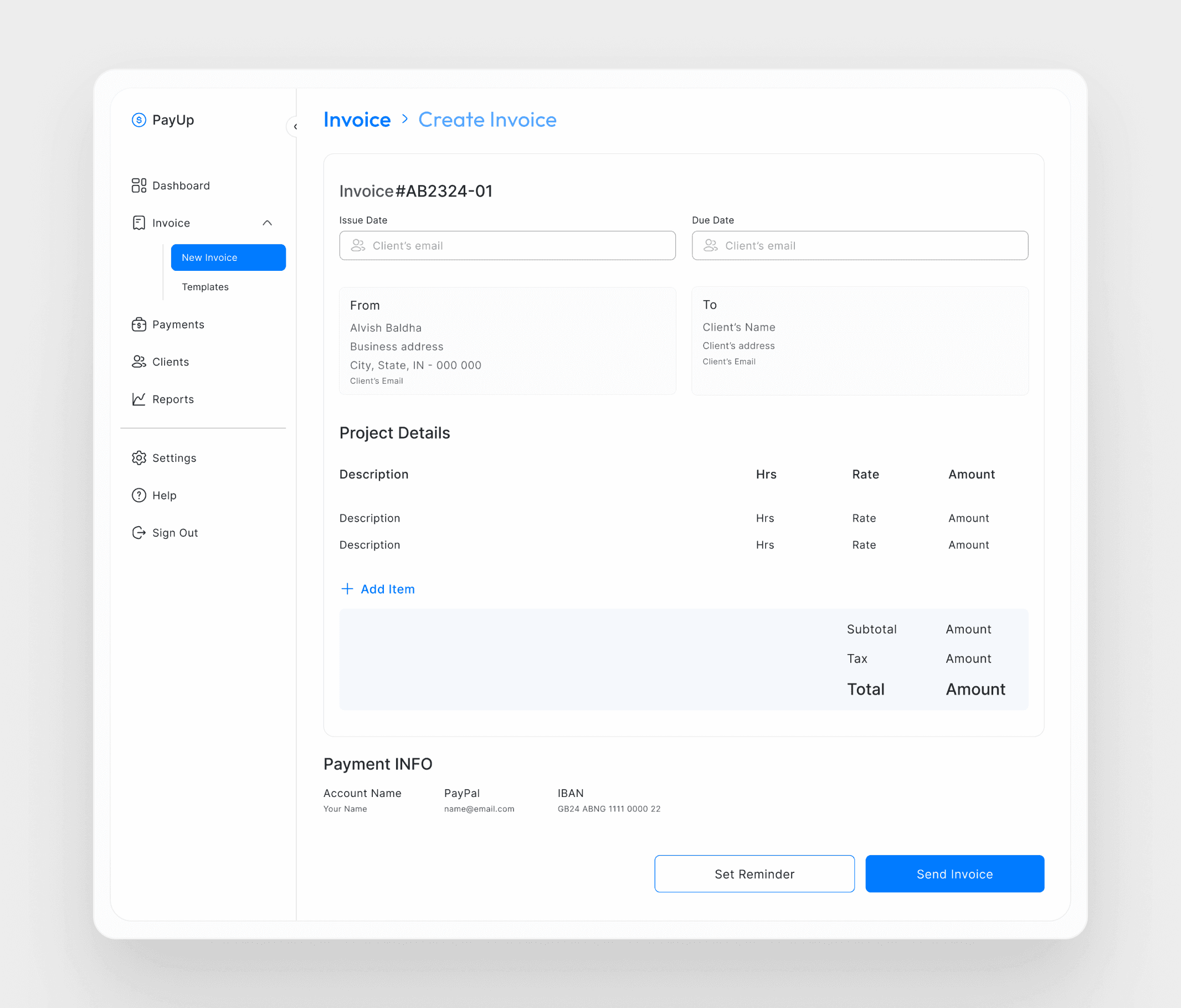 PayUp invoice creation form
