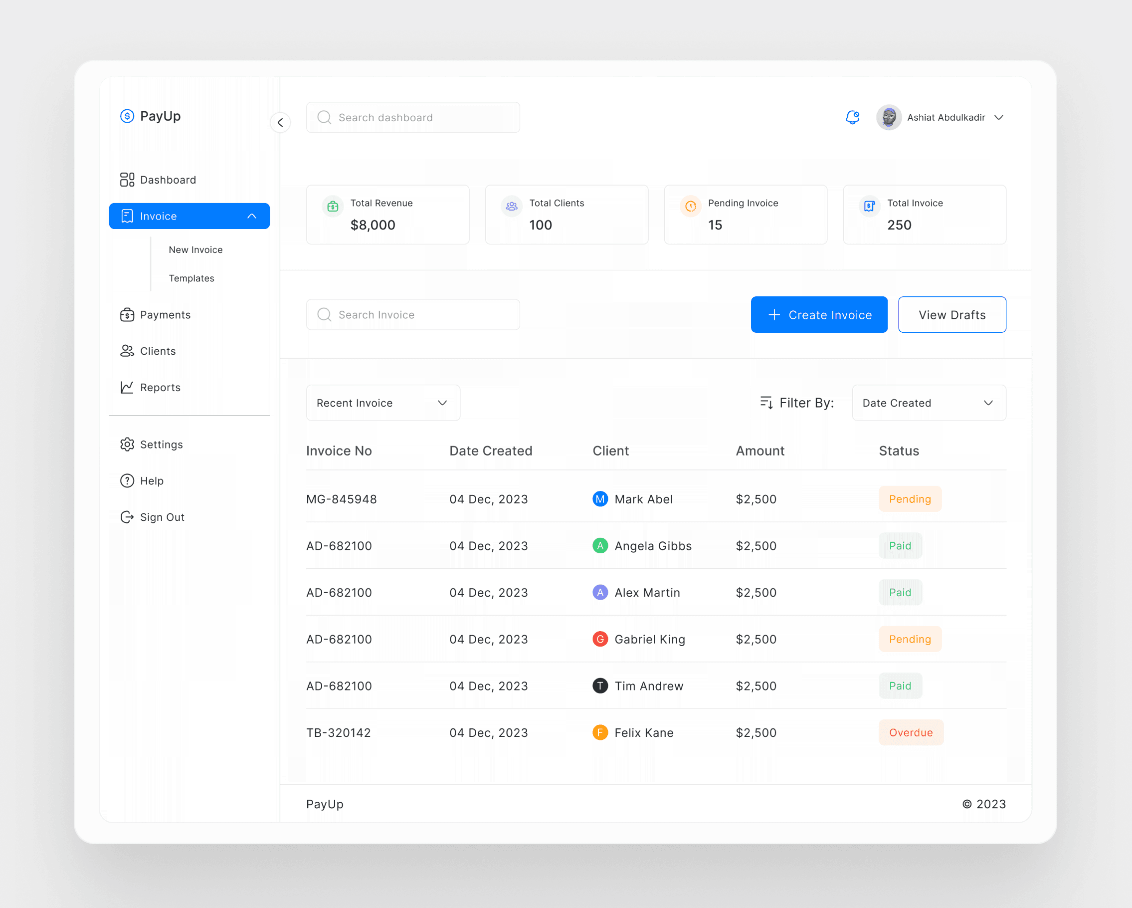 PayUp invoice management dashboard