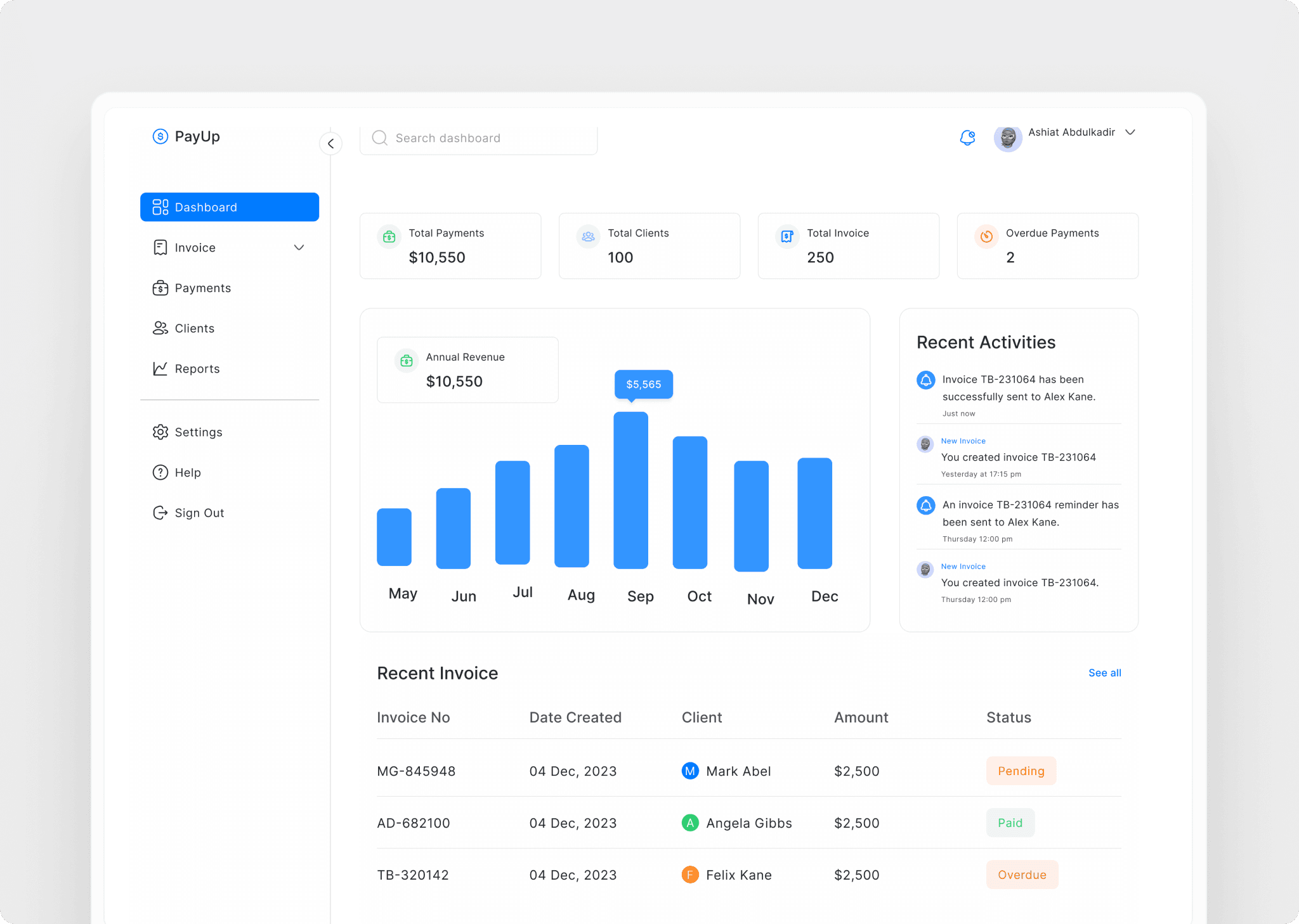 PayUp dashboard with revenue, invoice, and recent activity information