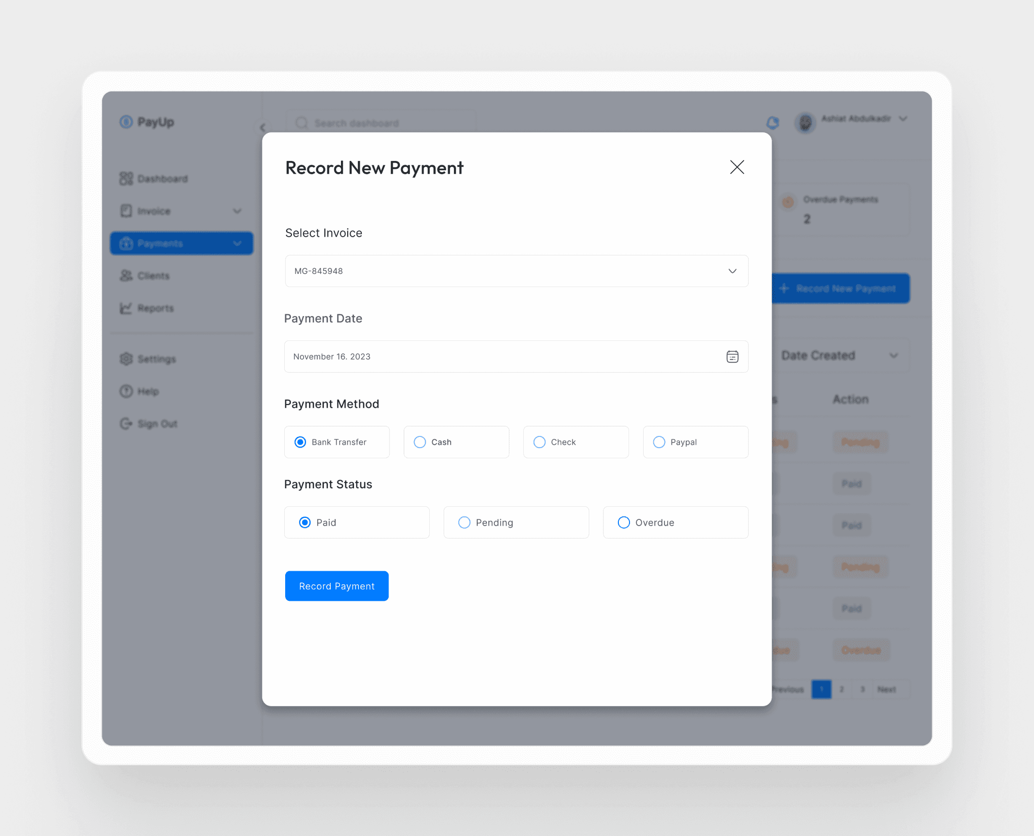 PayUp payment reminder setup