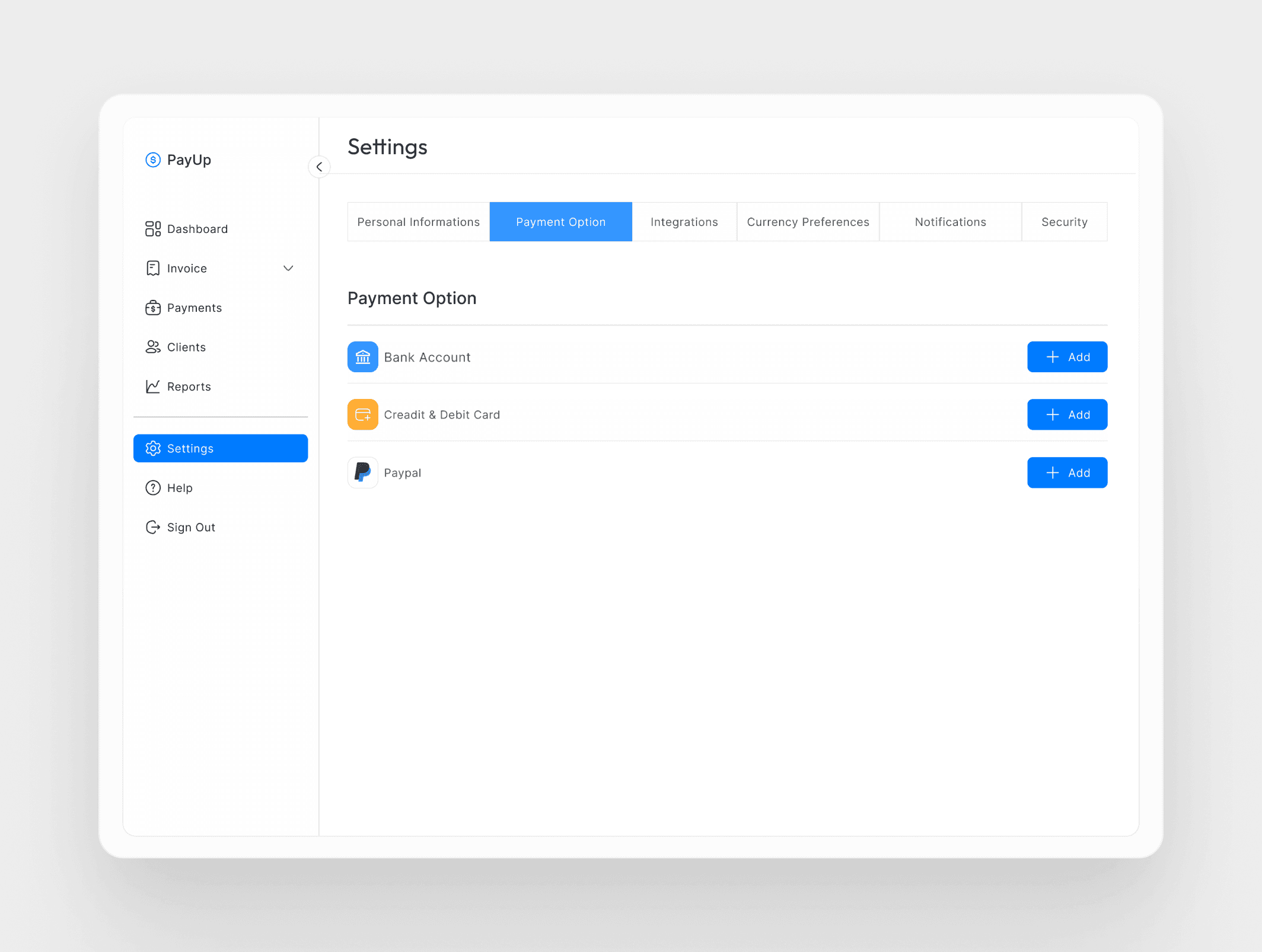 PayUp payment option settings