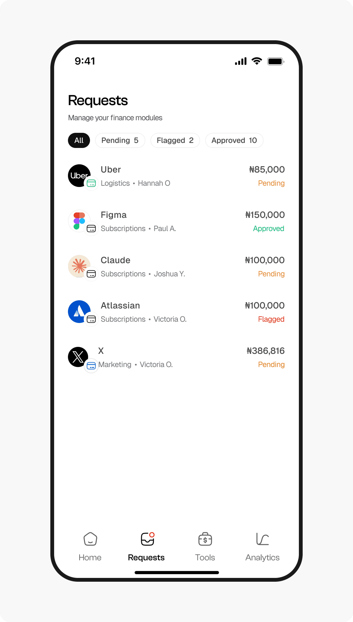 SpendTool transaction inbox with pending, flagged, and approved states