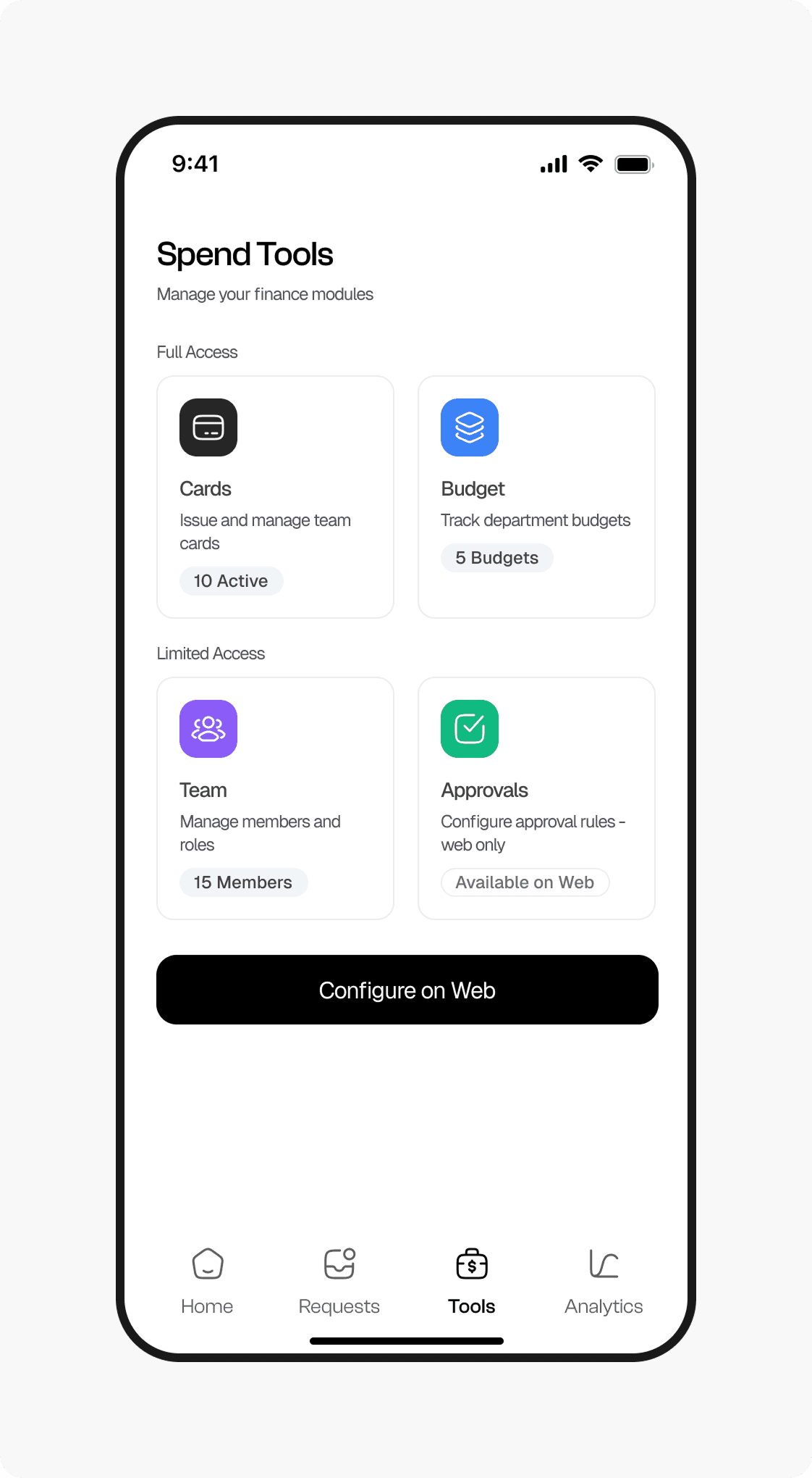 SpendTool modules separated into full and limited mobile access