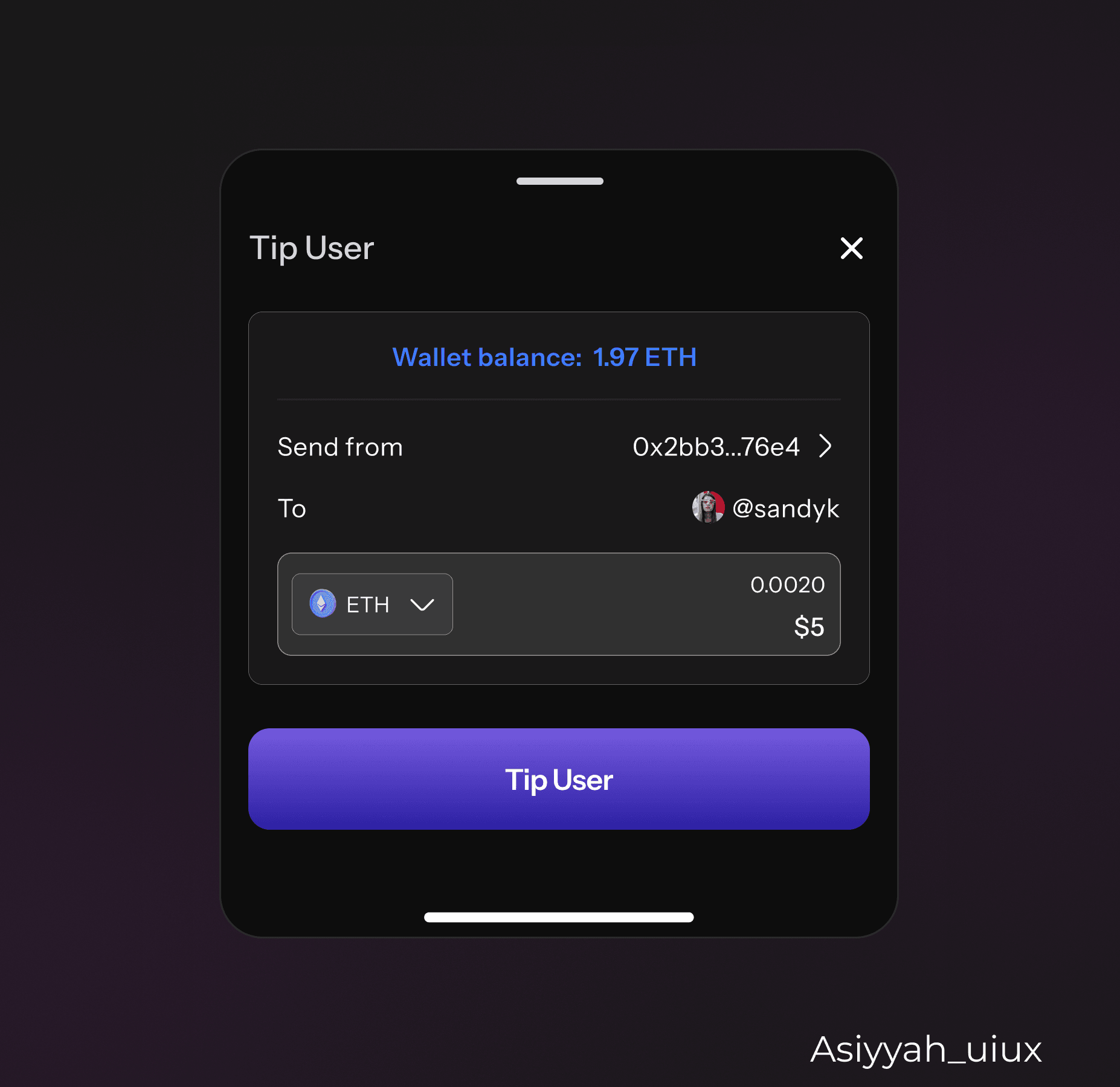 Crypto wallet tip payment bottom sheet