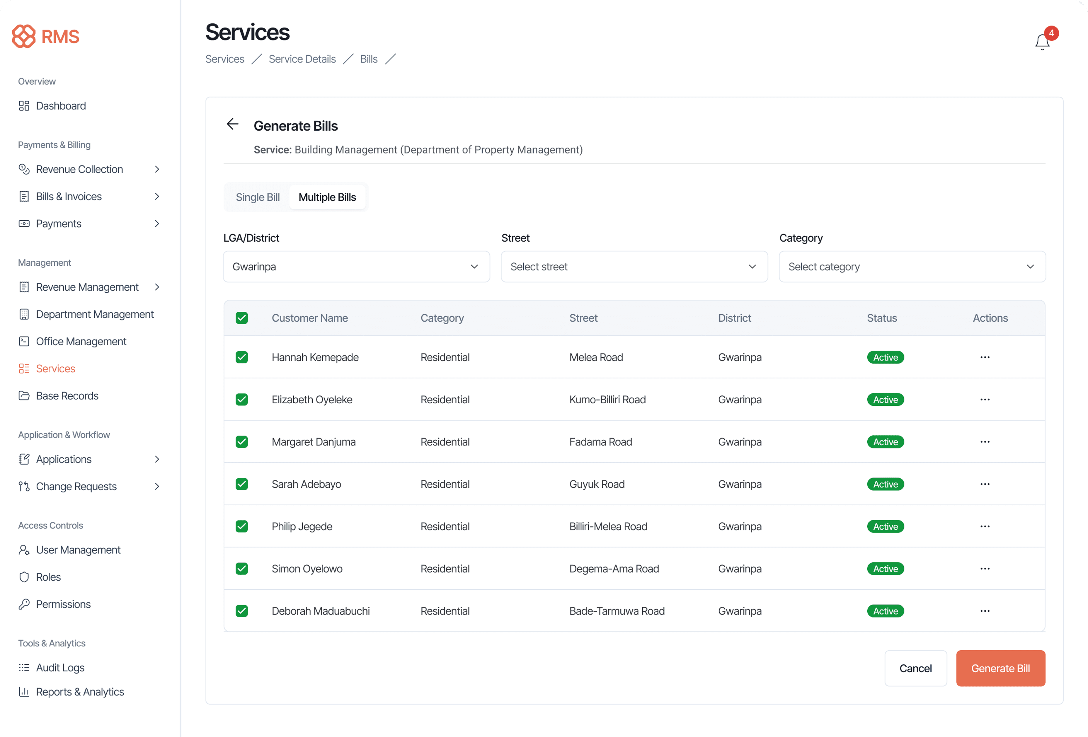 Bulk billing table with colored status badges and filtering