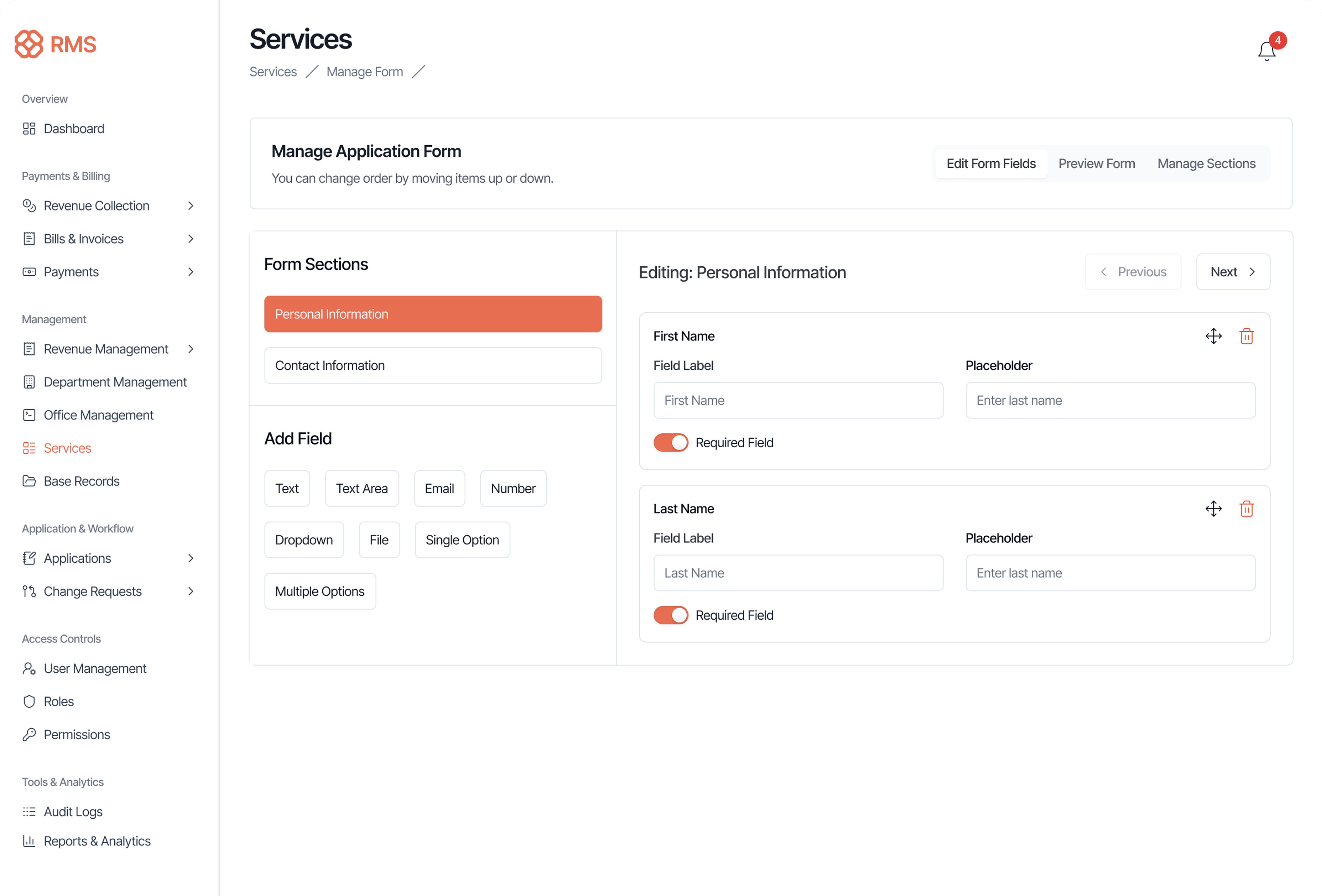 Dynamic form builder interface with field types and live field configuration