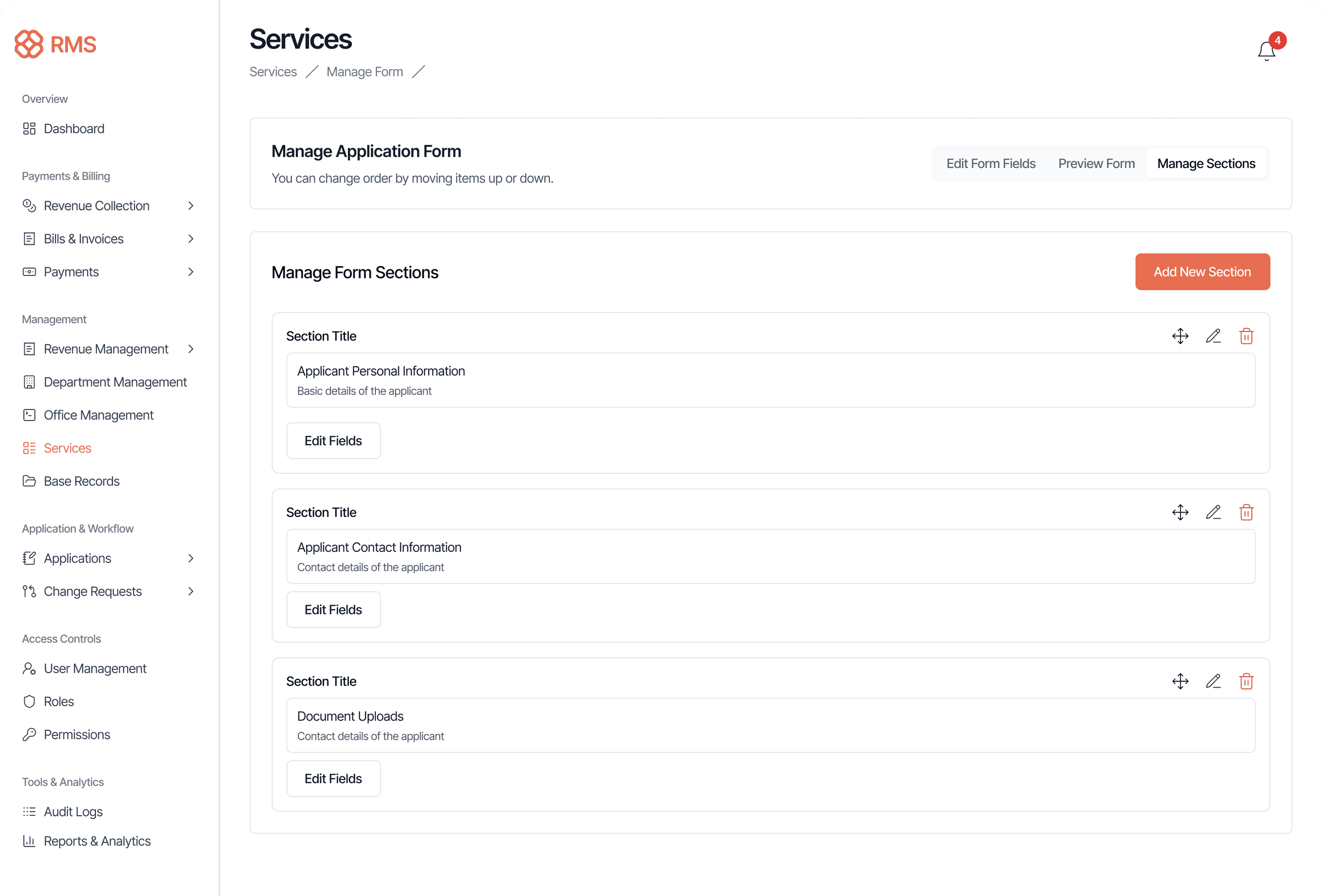 Application form builder showing configurable form sections
