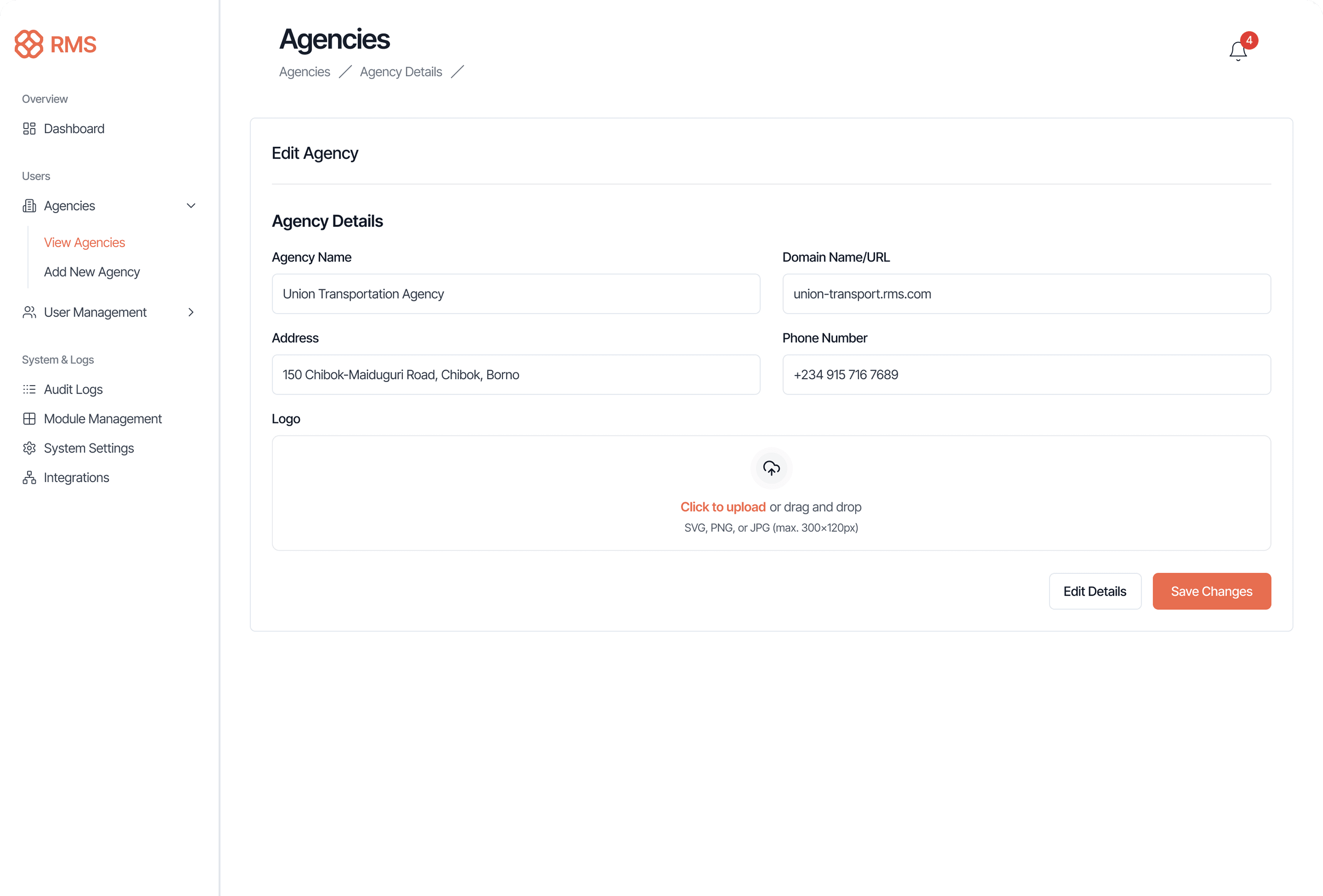 Agency management interface showing tenant configuration form