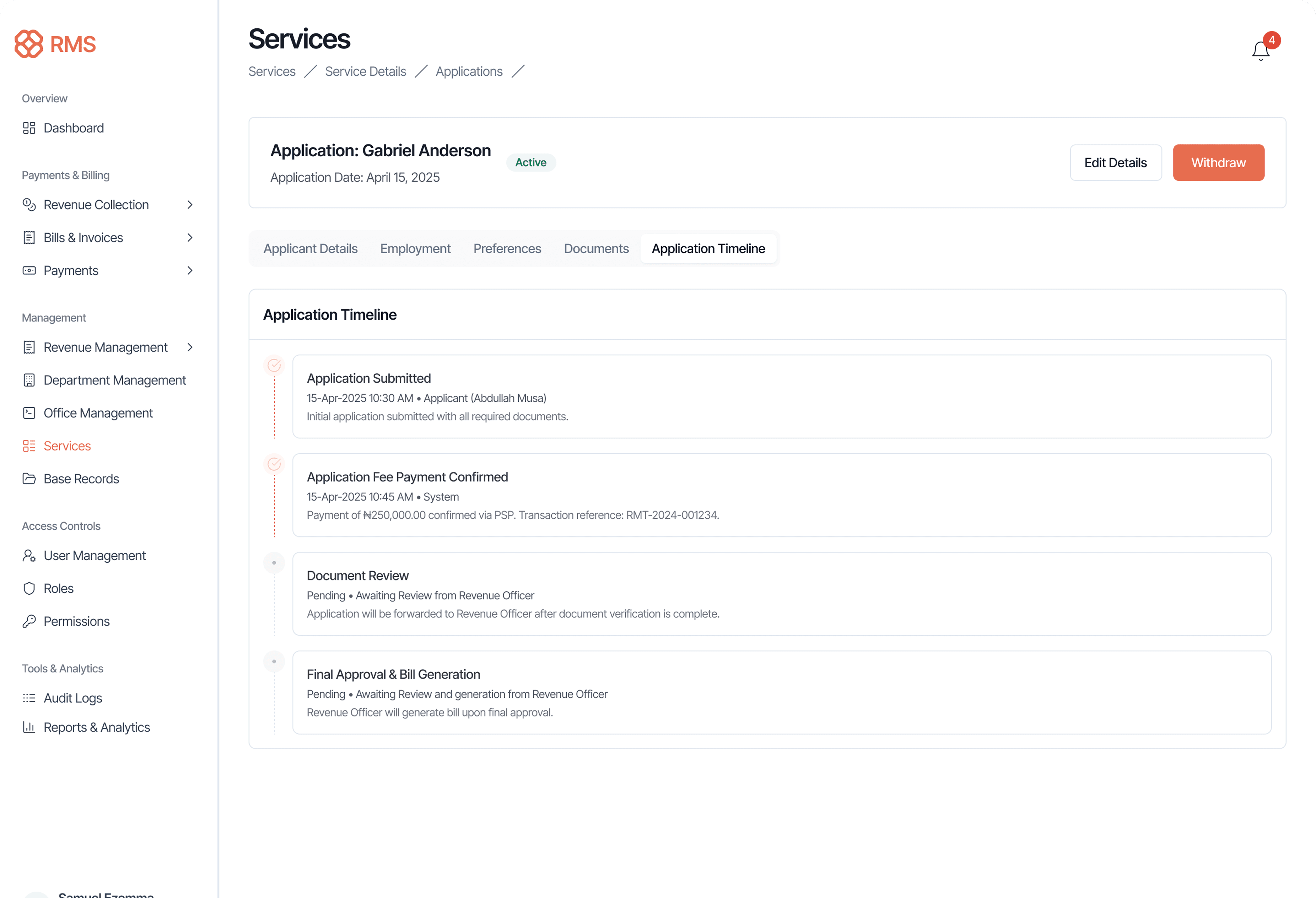 Approval workflow timeline showing stage transitions and status indicators