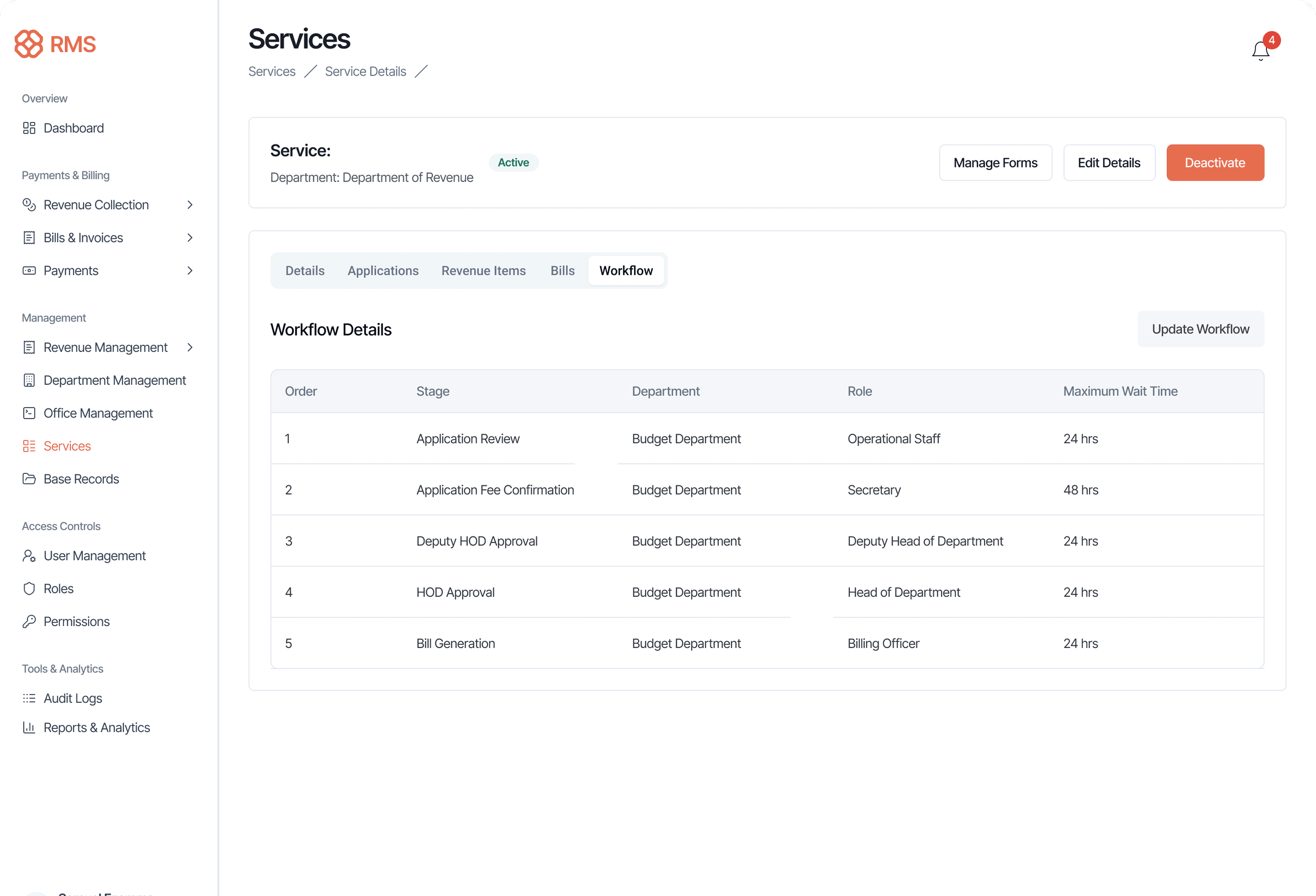 Services table showing application status and workflow columns